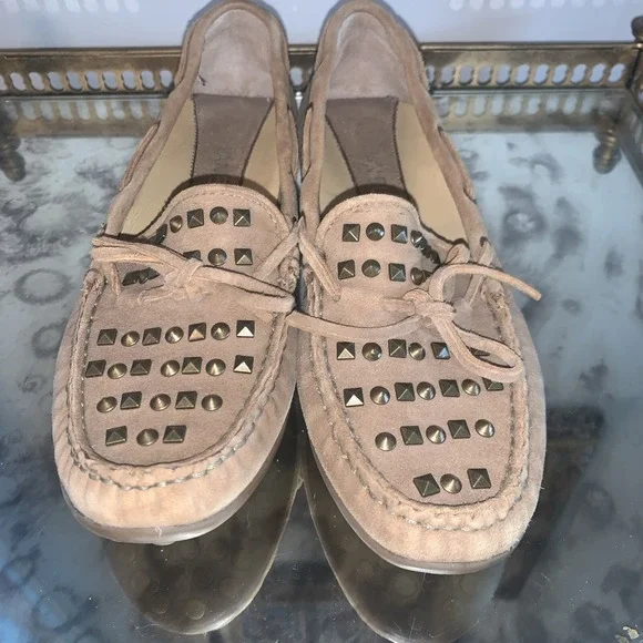 VAN ELI Shoes Womens 6  Tan Suede Bronze Studded Top Moccasin Driving‎ Loafers - Picture 4 of 7